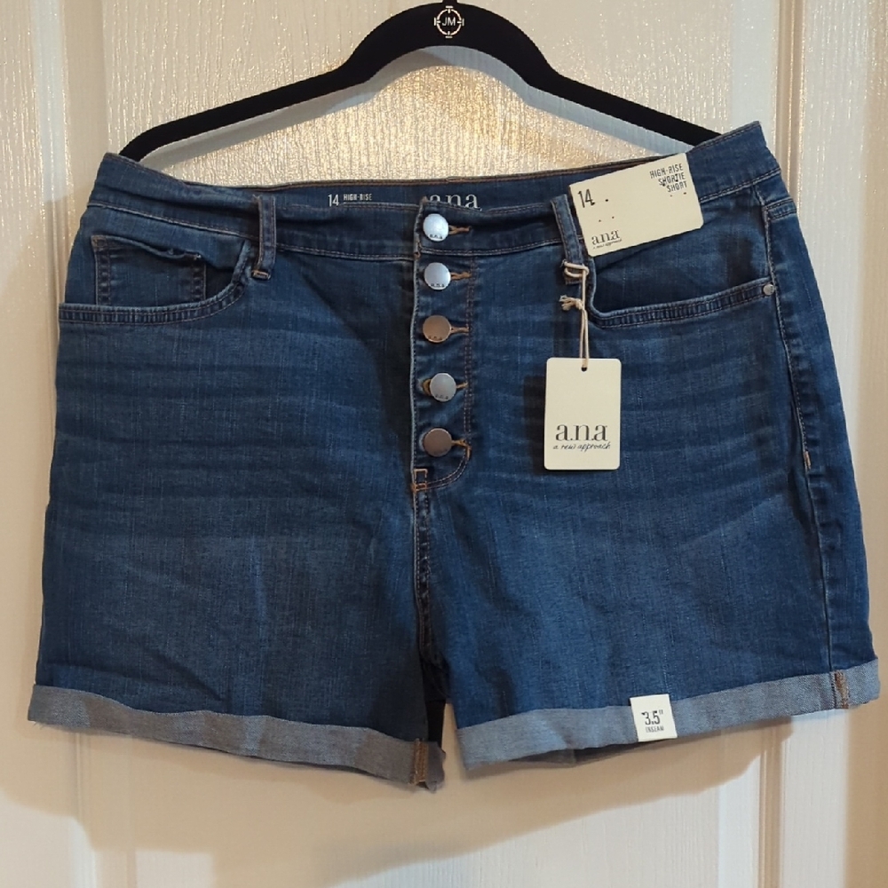 NWT a.n.a Dark Blue Jean Shorts with Button Fly size 14 - Picture 1 of 12